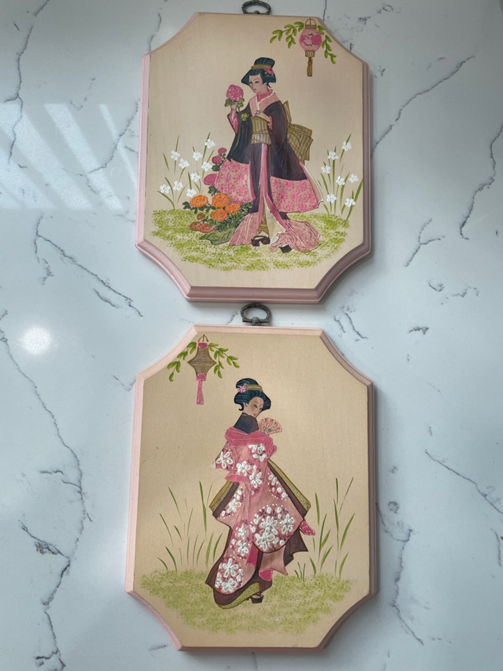 Vintage Pair of Pink Geisha Wall Plaques